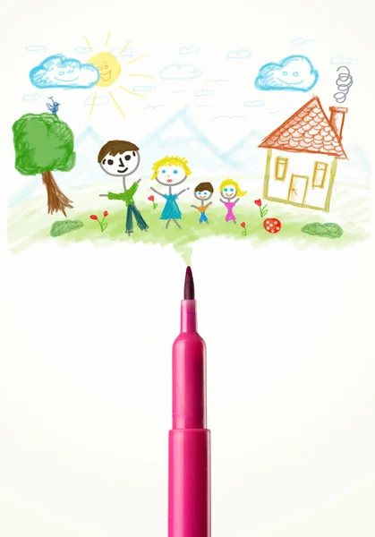 Voelde pen close-up met een tekening van een familie — Stockfoto