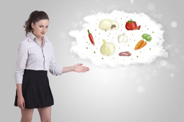 sağlıklı beslenme sebze bulutu sunan güzel bir kadın