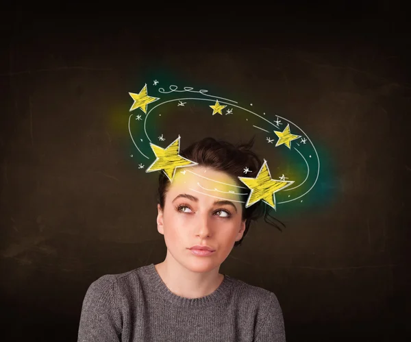 Meisje met gele sterren cirkelen rond haar hoofd illustratie — Stockfoto
