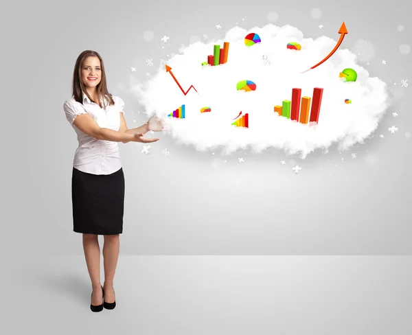 Young woman presenting cloud with graphs and charts — Stock Photo, Image