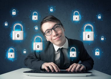 sanal kilit simgeleri ve simge ile genç hacker