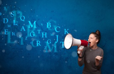 Young girl shouting into megaphone and text come out clipart