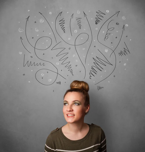 Young woman thinking with arrows over her head — Stock Photo, Image