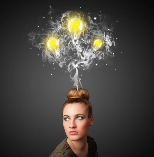 Thoughtful woman with smoke and lightbulbs above her head — Stock Photo, Image