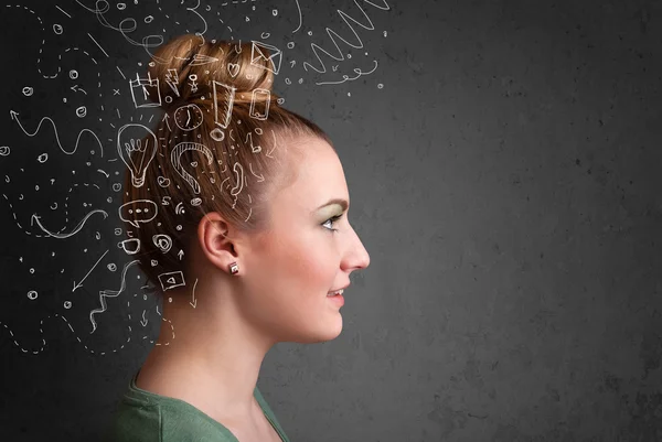 Young girl thinking with abstract icons on her head — Stock Photo, Image