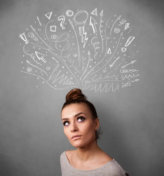 Young woman thinking with sketched arrows above her head — Stock Photo, Image