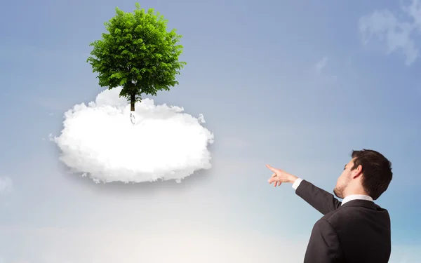 Junger Mann zeigt auf einen grünen Baum auf einer weißen Wolke — Stockfoto