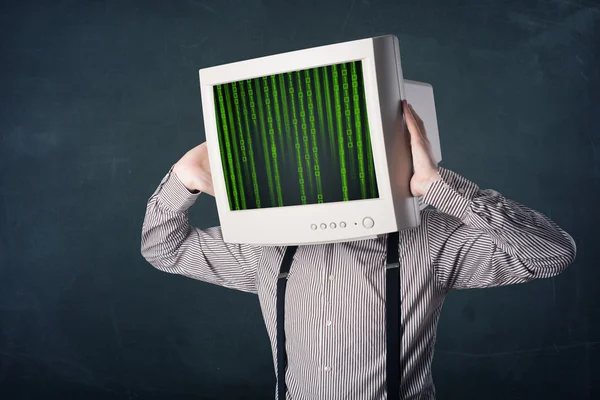 Cyber human with a monitor screen and computer code on the displ — Stock Photo, Image