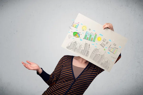 Woman holding a paper with charts and cityscape in front of her — Stock Photo, Image