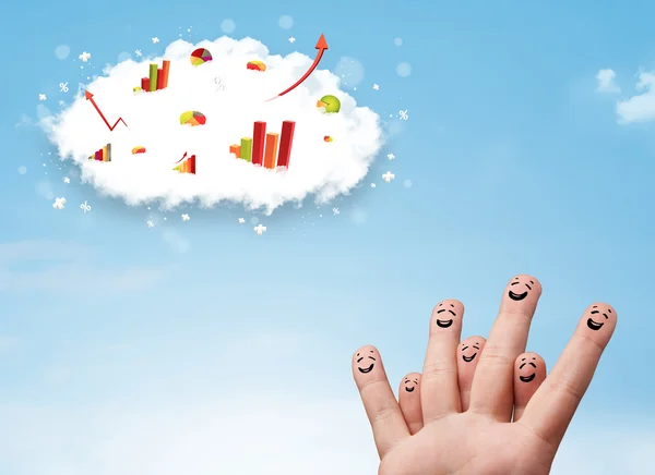 Vrolijke vinger smiley met grafiek wolk pictogrammen in de lucht — Stockfoto