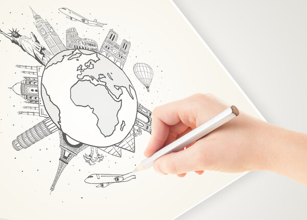 Hand drawing vacation trip around the earth with landmarks and c