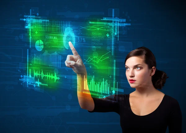 Jeune femme d'affaires pressant panneau de technologie moderne avec doigt — Photo
