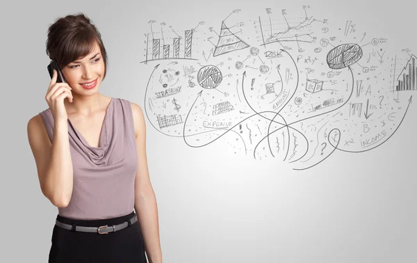 Menina de negócios apresentando gráficos esboço desenhado à mão e gráficos — Fotografia de Stock