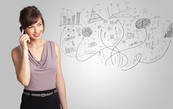 Business girl presenting hand drawn sketch graphs and charts — Stock Photo, Image