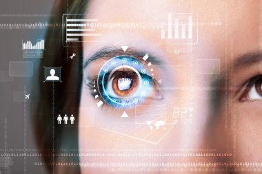 Siber teknoloji göz paneli konsepti ile gelecekteki kadın