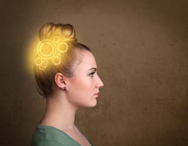 Menina inteligente pensando com uma máquina cabeça ilustração — Fotografia de Stock