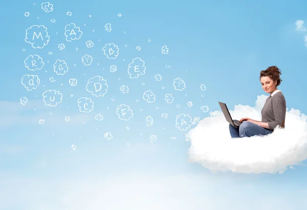 Young woman sitting in cloud with laptop — Stock Photo, Image