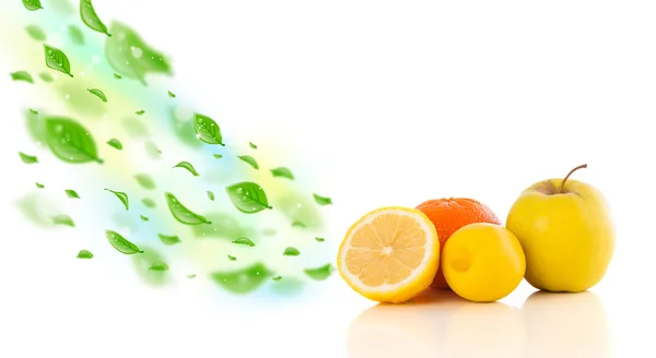 Frutos coloridos com folhas orgânicas verdes — Fotografia de Stock