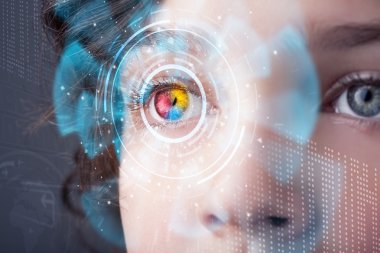 Siber teknoloji göz paneli konsepti ile gelecekteki kadın