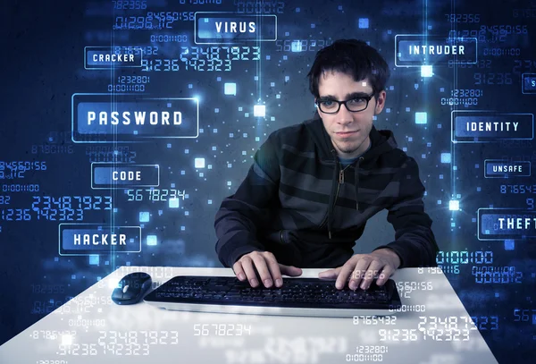 Hacker programing in technology enviroment with cyber icons — Stock Photo, Image