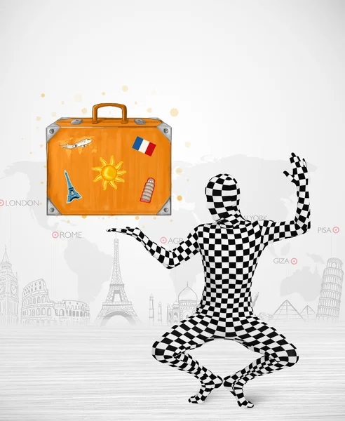 Man in full body suit presenting vacation suitcase — Stock Photo, Image