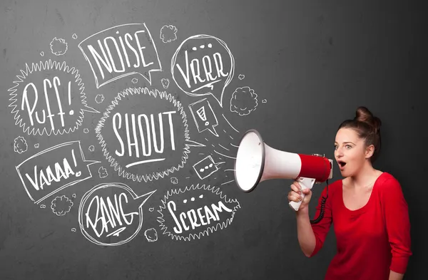 Girl yelling into megaphone and hand drawn speech bubbles come o — Stock Photo, Image