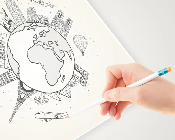 Hand drawing vacation trip around the earth with landmarks and c — Stock Photo, Image