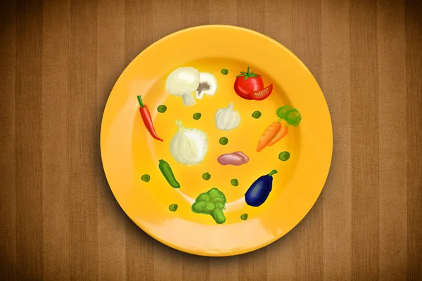 Colorido plato con iconos dibujados a mano, símbolos, verduras y fr —  Fotos de Stock