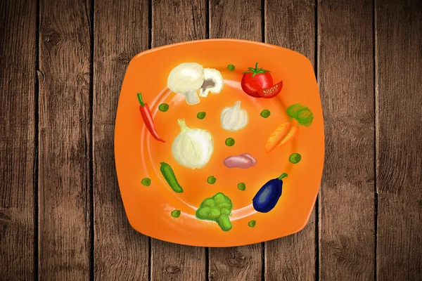 Assiette colorée avec icônes dessinées à la main, symboles, légumes et fr — Photo