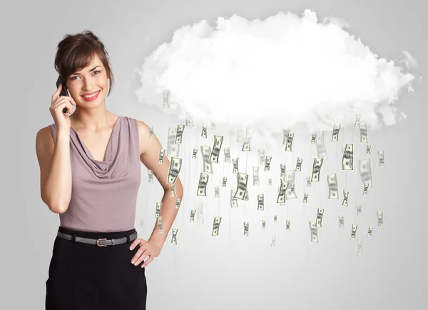 Woman with cloud and money rain concept — Stock Photo, Image