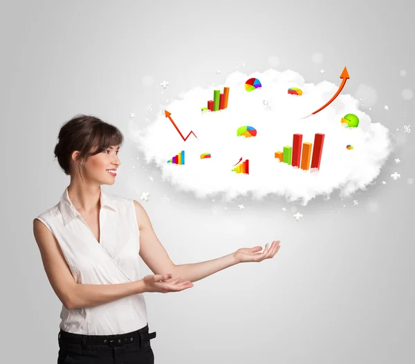 Young woman presenting cloud with graphs and charts — Stock Photo, Image