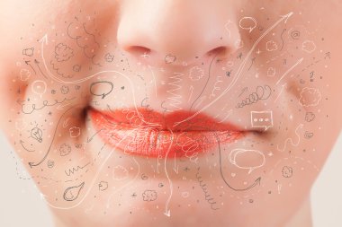 güzel kadın ağzı üfleme elle çizilmiş simgeler ve semboller