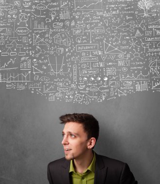 başının üzerinde grafiklerle düşünceli işadamı