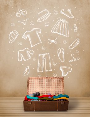 yolcunun Bagaj ile el çizilmiş kıyafetler ve simgeler