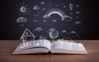Elle çizilmiş peyzaj ile açık kitap 