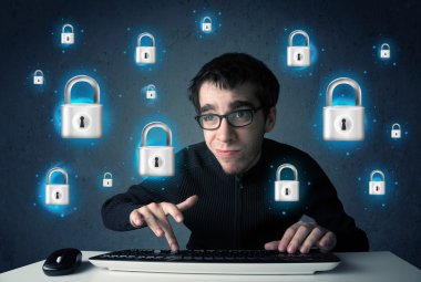 sanal kilit simgeleri ve simge ile genç hacker