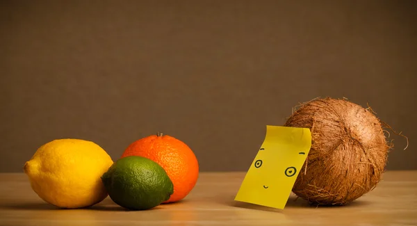 柑橘系の果物を見てポストそれノートとココナッツ — ストック写真