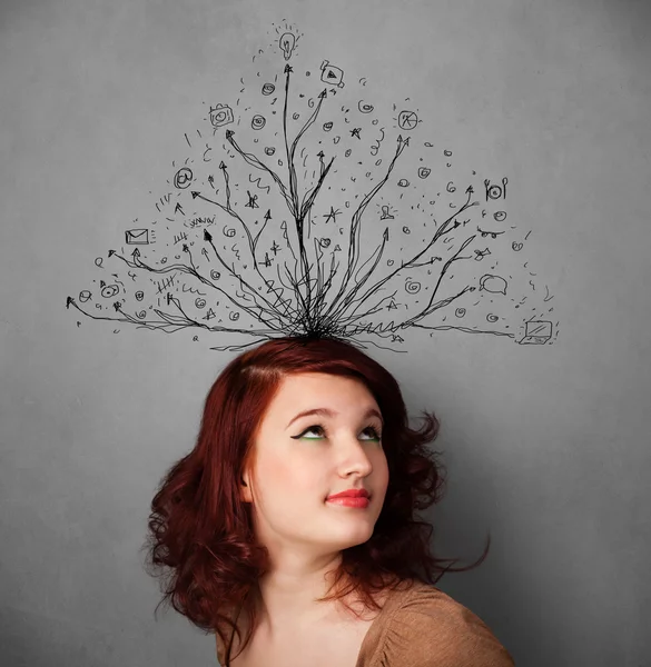 Young woman with tangled lines coming out of her head — Stock Photo, Image