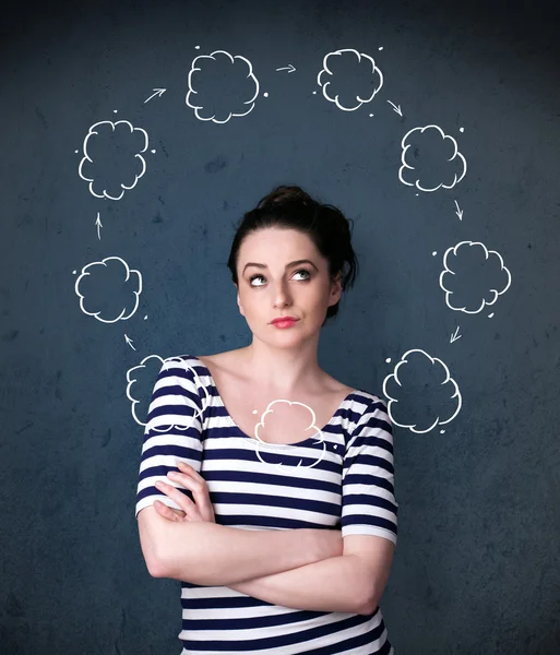 Young woman thinking with cloud circulation around her head — Stock Photo, Image