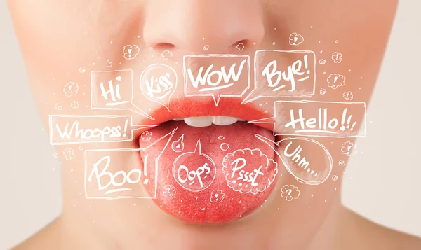 Beautiful red lips with white speech bubbles — Stock Photo, Image