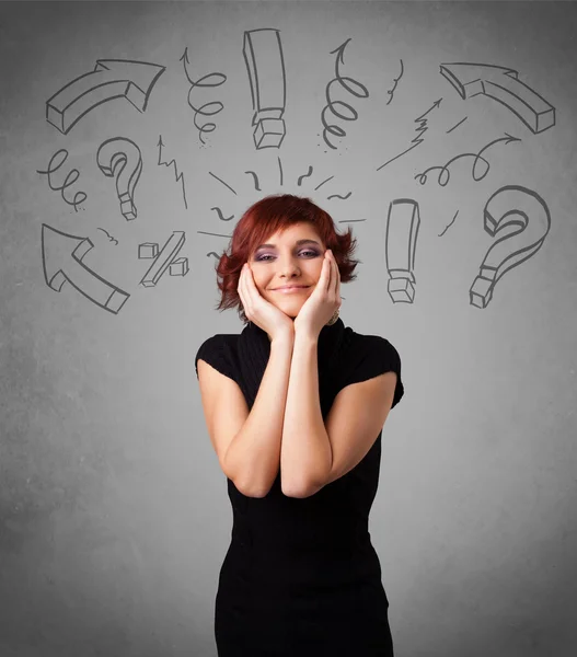 Cute young girl with question sign doodles — Stock Photo, Image