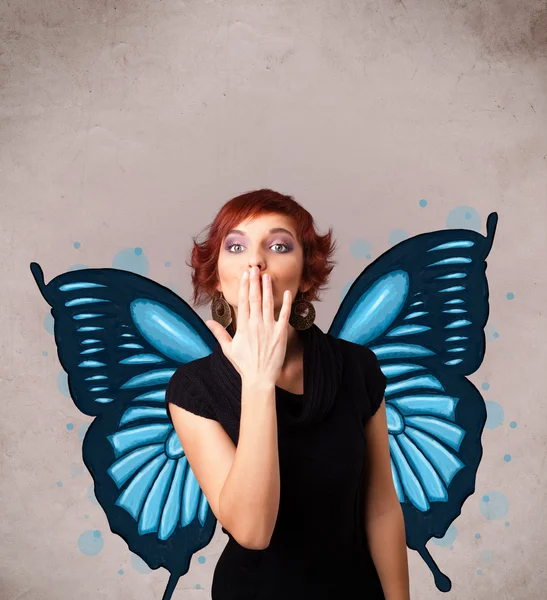 Young girl with butterfly blue illustration on the back — Stock Photo, Image
