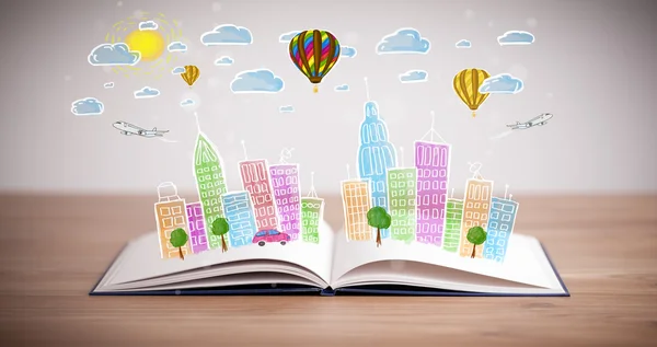 Városkép rajz nyitott könyv — Stock Fotó