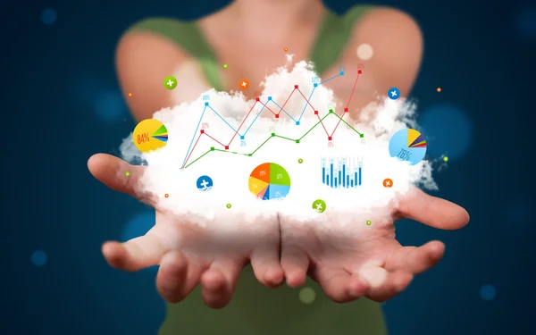 Young woman presenting cloud with charts and graph icons and sym — Stock Photo, Image