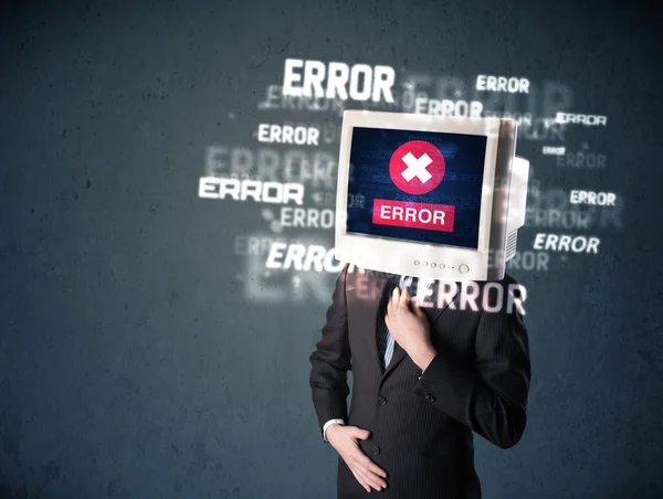 Business man with pc monitor on his head and error messages on t — Stock Photo, Image