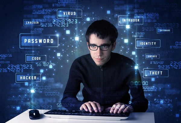 Hacker programmering i teknik miljö med cyber ikoner — Stockfoto