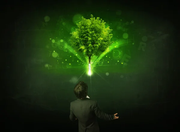 輝く木の前でジェスチャーするビジネスマン — ストック写真