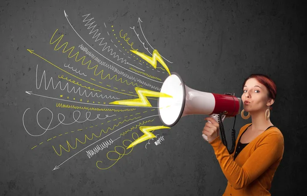 Cute girl shouting into megaphone with hand drawn lines and arro — Stock Photo, Image