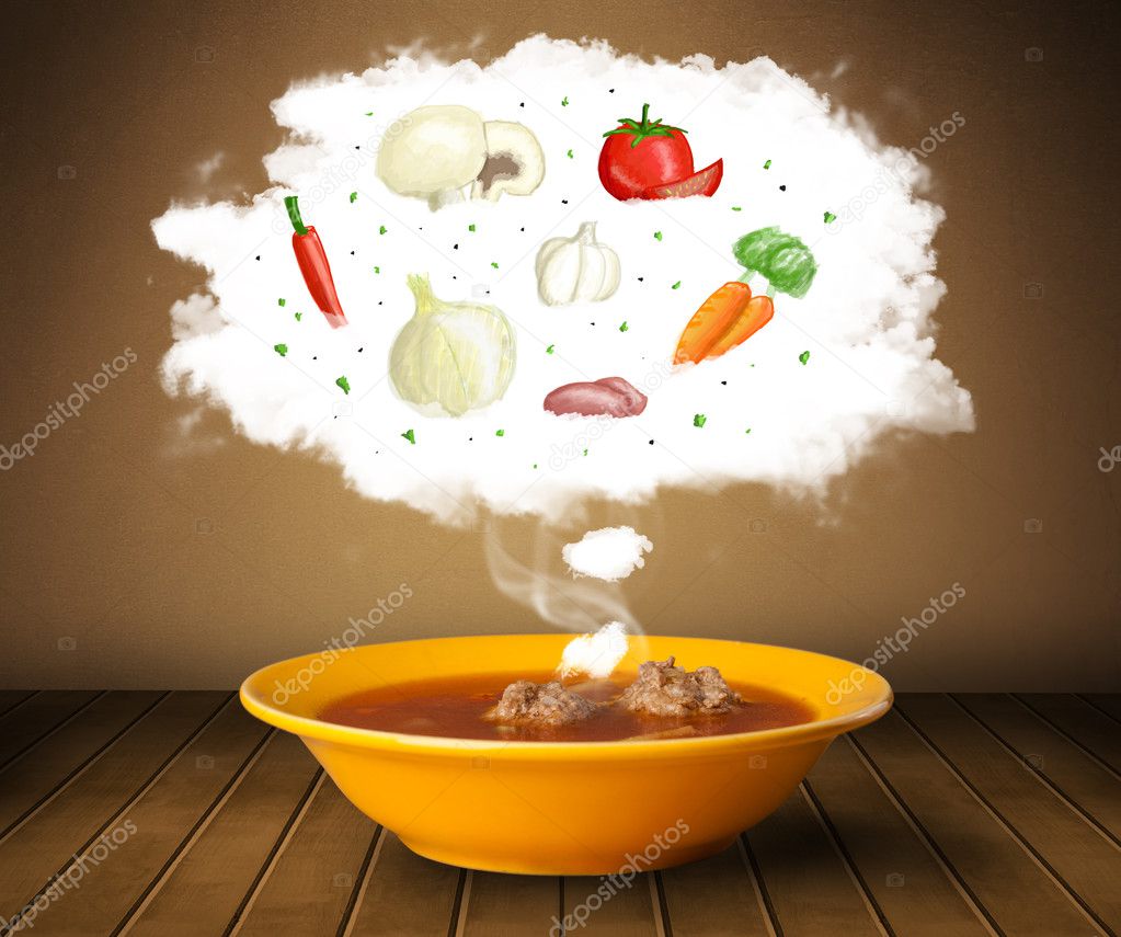 Bowl soup with vegetable ingredients illustration in cloud