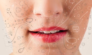 güzel kadın ağzı üfleme elle çizilmiş simgeler ve semboller